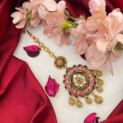 Vriksham Antique Floral With Gold Leaf Drop Kundan Jadau Maang Tikka-Red White-J4257
