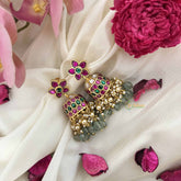 Vriksham Floral Style With Pearl Border Jadau Jhumkas-Red Green-Green Bead-J3605