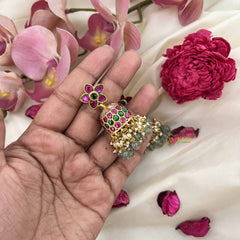 Vriksham Floral Style With Pearl Border Jadau Jhumkas-Red Green-Green Bead-J3605