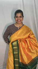 Vriksham Orange With Green Border Korvai Thirubuvanam Silk Saree-Pure Silk-VS4353