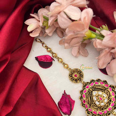 Vriksham Antique Floral With Gold Leaf Drop Kundan Jadau Maang Tikka-Red White-J4257