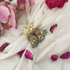 Vriksham Floral Style With Pearl Border Jadau Jhumkas-Red Green-Green Bead-J3605