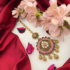 Vriksham Antique Floral With Gold Leaf Drop Kundan Jadau Maang Tikka-Red White-J4257