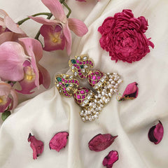 Vriksham Dual Peacock Jadau Jhumkas-Red Green & White-Rice Bead-J3606