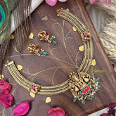 Vriksham Lakshmi Dual Peacock Pendant Addigai-Red Green-Pastel Green Bead-G18073