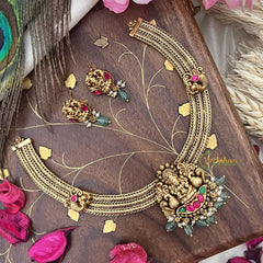 Vriksham Lakshmi Dual Peacock Pendant Addigai-Red Green-Pastel Green Bead-G18073