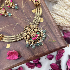 Vriksham Lakshmi Dual Peacock Pendant Addigai-Red Green-Pastel Green Bead-G18073