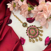 Vriksham Antique Floral With Gold Leaf Drop Kundan Jadau Maang Tikka-Red Grenn-J4258
