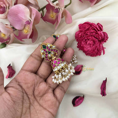 Vriksham Dual Peacock Jadau Jhumkas-Red Green & White-Rice Bead-J3606