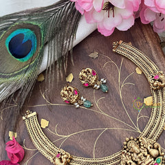 Vriksham Lakshmi Dual Peacock Pendant Addigai-Red Green-Pastel Green Bead-G18073