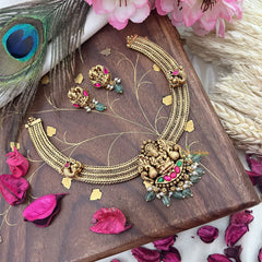 Vriksham Lakshmi Dual Peacock Pendant Addigai-Red Green-Pastel Green Bead-G18073