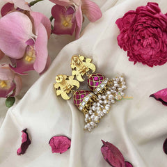 Vriksham Dual Peacock Jadau Jhumkas-Red Green & White-Rice Bead-J3606