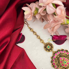 Vriksham Antique Floral With Gold Leaf Drop Kundan Jadau Maang Tikka-Red Grenn-J4258