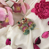 Vriksham Lotus & Half Moon Style Jadau Jhumkas-Red Green & White-Green Bead-J3607