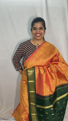 Vriksham Orange With Green Border Korvai Thirubuvanam Silk Saree-Pure Silk-VS4353