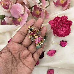 Vriksham Lotus & Half Moon Style Jadau Jhumkas-Red Green & White-Green Bead-J3607