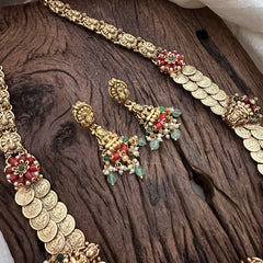 Premium Lakshmi Coin Long Neckpiece-Aqua Green Beads-Pearls-G12667