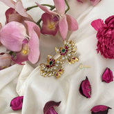 Vriksham Antique Peacock Style Jadau Jhumkas-Red Green & White-Pearl-J3608