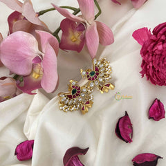 Vriksham Antique Peacock Style Jadau Jhumkas-Red Green & White-Pearl-J3608