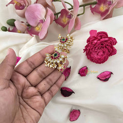 Vriksham Antique Peacock Style Jadau Jhumkas-Red Green & White-Pearl-J3608