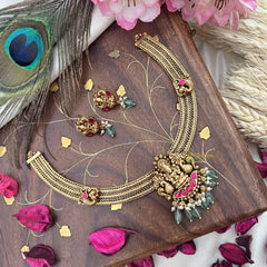 Vriksham Lakshmi Dual Peacock Pendant Addigai-Red-Pastel Green Bead-G18074