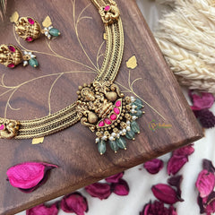 Vriksham Lakshmi Dual Peacock Pendant Addigai-Red-Pastel Green Bead-G18074