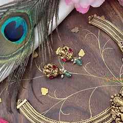 Vriksham Lakshmi Dual Peacock Pendant Addigai-Red-Pastel Green Bead-G18074