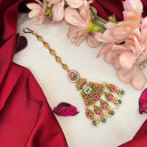 Vriksham Vibrant Matte Gold Finish Papidi Kundan Jadau Maang Tikka-Red green- Green Bead-J4234