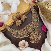 Vriksham Gold Look Alike Lakshmi Jadau Pendant Short Neckpiece-Red Green-G17841