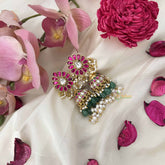 Vriksham Floral Pear Style Jadau Jhumkas-Red Green & White-Green Bead & Rice Pearl-J3609