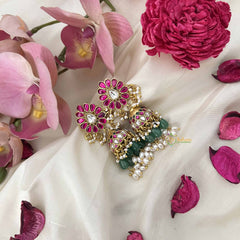 Vriksham Floral Pear Style Jadau Jhumkas-Red Green & White-Green Bead & Rice Pearl-J3609