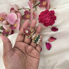 Vriksham Floral Pear Style Jadau Jhumkas-Red Green & White-Green Bead & Rice Pearl-J3609