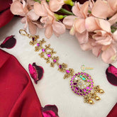 Vriksham Classic Peacock Style Pink Stone Antique Maang Tikka-Gold Bead-J4240