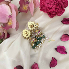 Vriksham Floral Pear Style Jadau Jhumkas-Red Green & White-Green Bead & Rice Pearl-J3609