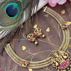 Vriksham Lakshmi Dual Peacock Pendant Addigai-Red-Gold Bead-G18071