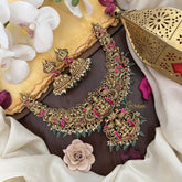 Vriksham Gold Look Alike Lakshmi Jadau Pendant Short Neckpiece-Red-Pastel Green Bead-G17848