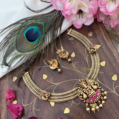 Vriksham Lakshmi Dual Peacock Pendant Addigai-Red-Gold Bead-G18071