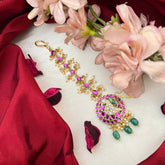 Vriksham Classic Peacock Style Pink Stone Antique Maang Tikka-Green Bead-J4239