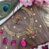 Vriksham Lakshmi Dual Peacock Pendant Addigai-Red Green-Gold Bead-G18072