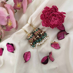 Vriksham Mughal Garden Dome Jadau Jhumkas-Red Green & White-Green Bead & Rice Pearl-J3611