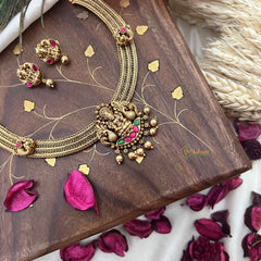 Vriksham Lakshmi Dual Peacock Pendant Addigai-Red Green-Gold Bead-G18072