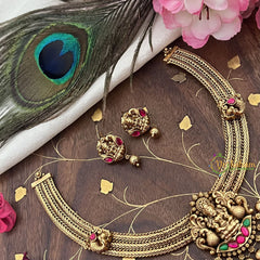 Vriksham Lakshmi Dual Peacock Pendant Addigai-Red Green-Gold Bead-G18072