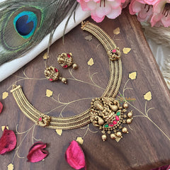 Vriksham Lakshmi Dual Peacock Pendant Addigai-Red Green-Gold Bead-G18072