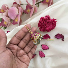 Vriksham Heritage Dome Jadau Jhumkas-Red White-Green Bead & Rice Pearl-J3612