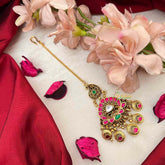 Vriksham Traditional Paisley Kundan Jadau Maang Tikka-Red Green & White-Gold Trio Drop-J4229