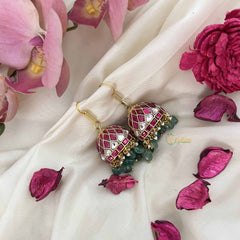 Vriksham Regal Meenakari Dome Jadau Jhumkas-Red White-Green Bead-J3613