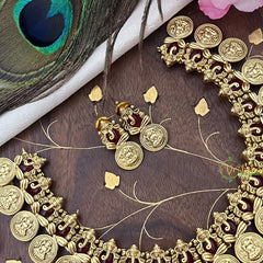 Vriksham Gold Look Alike Ganesha With Lakshmi Coin Short Neckpiece-Red-G18123