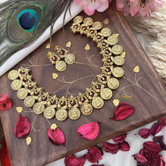 Vriksham Gold Look Alike Ganesha With Lakshmi Coin Short Neckpiece-Red-G18123