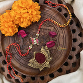 Vriksham Rakshabandhan Kundan Jadau Trio Pendant Rakhi-Red White-G18958