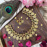 Vriksham Gold Look Alike Ganesha With Lakshmi Coin Short Neckpiece-Red Green-G18124